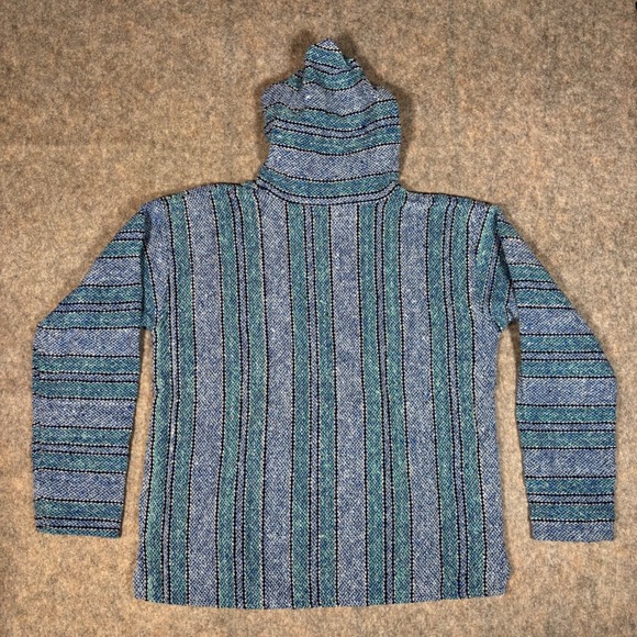 Baja Hoodie Mens L Blue Teal Striped Drug Rug Pullover Surfwear Surfer Hippie - Picture 2 of 6